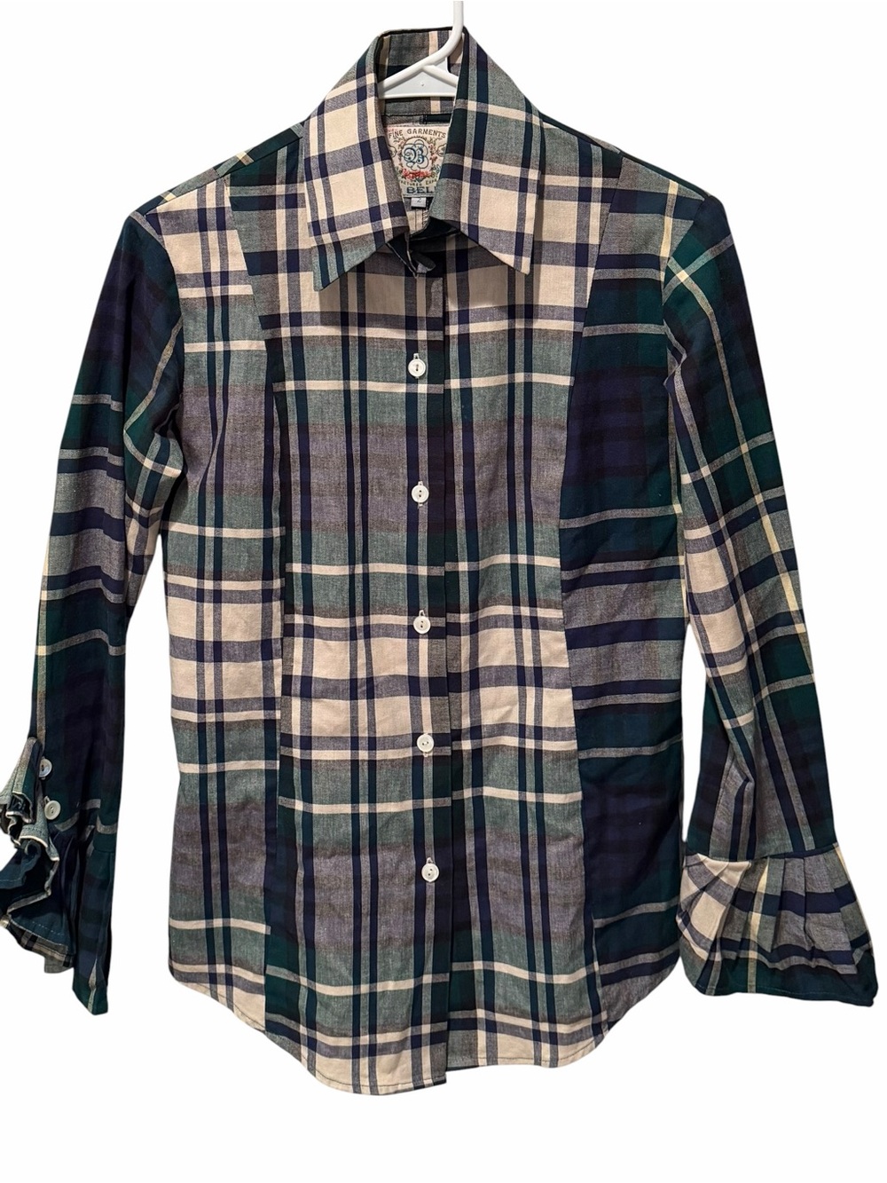 Vintage Plaid Button Down Blouse Ruffle Cuff Green Navy Made in USA Size 2